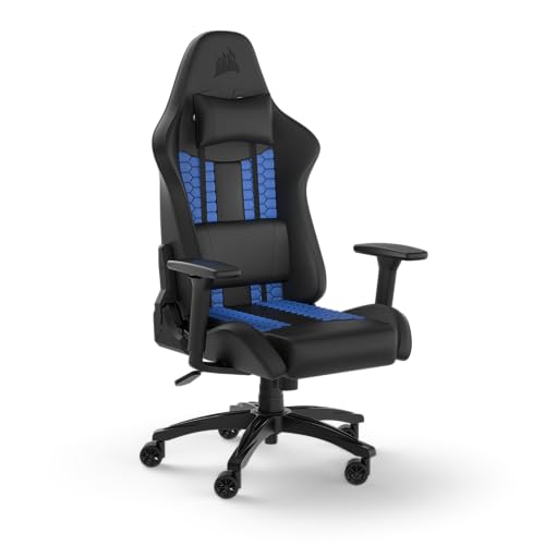 Corsair TC100 Relaxed Gaming-Stuhl – Kunstleder – Vom Rennsport inspiriertes Design – Lendenkissen – Abnehmbares Nackenkissen aus Memory-Schaumstoff – Verstellbare Armlehnen – Schwarz und Blau
