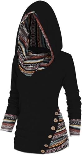 Kkaebi Damen Tribal Geometrischer Druck Langärmelig Kapuze Sweatshirt 2024 Lässig Pullover Unregelmäßig Kapuzenpullover Gestreift Herbst Glaube Klamotten (M,Schwarz)