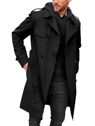 Runcati Herren Mantel Zweireiher Trenchcoat Langes Revers Business Jacke mit Gürtel, Schwarz , XXL
