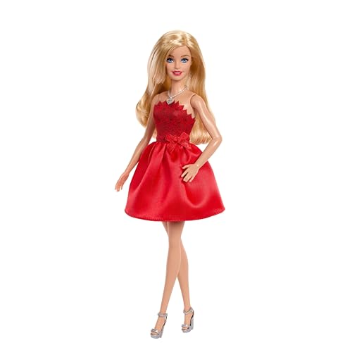 Mattel Rubinrote Blonde Barbie-Party-Modepuppe zum 80. Jubiläum roten Kleid mit silbernen Schuhen und Halskette, Sammelspielzeug, JGD25