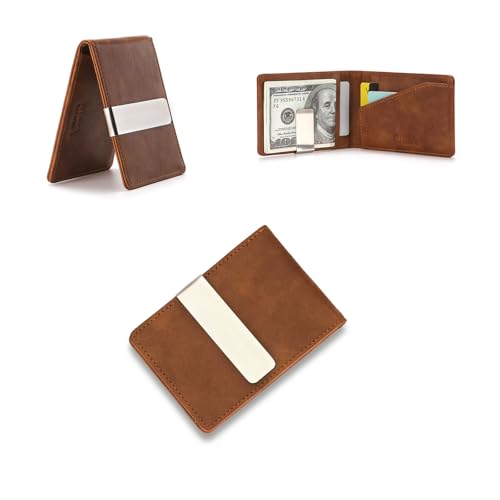 RisePlus Geldklammer Herren, Slim Wallet mit Geldklammer, Money Clip, Ultraleichtes Kartenetui, Kompaktes RFID‑Kreditkartenetui, Minimalistisches Portemonnaie mit Geldscheinklammer (Braun)