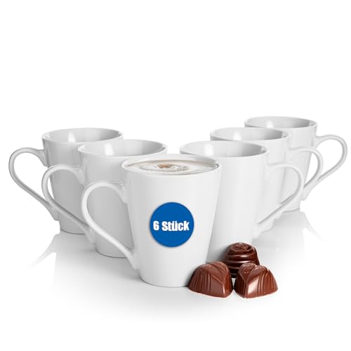 BigDean 6 Stück moderne Kaffeebecher weiß 280ml aus hochwertigem & echtem Porzellan - spülmaschinenfest kratzfest stoßfest - Tassen zum Bemalen - Kaffeetassen Set groß mit Henkel