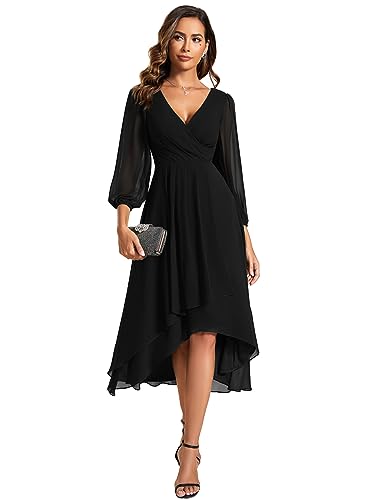 Ever-Pretty Abendkleid für Damen, A-Linie High Low V-Ausschnitt Langarm für Hochzeit Chic EG01926-P, Schwarz, 36