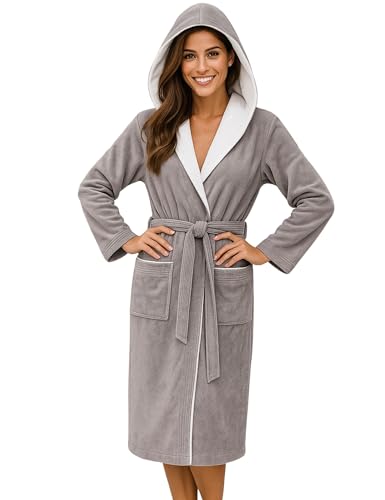 Morgenstern Bademantel Damen mit Kapuze 100% Baumwolle Frottee OEKO-TEX® Morgenmantel Leonie Taupe Größe M