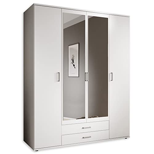 KARL Eleganter Kleiderschrank 4-türig mit viel Stauraum - Vielseitiger Drehtürenschrank in Weiß mit Spiegeltüren - 160 x 196 x 54 cm (B/H/T)