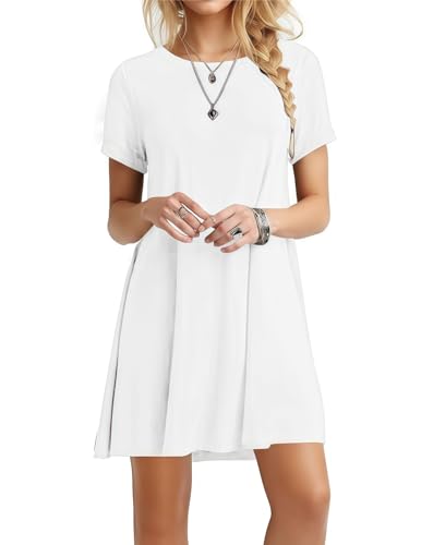 Zeagoo Sommerkleid Damen Knielang Tshirt Kleid Rundhals Kurzarm Kleider Sommer Leicht Luftig Midi Kleid mit Taschen Weiß XXL