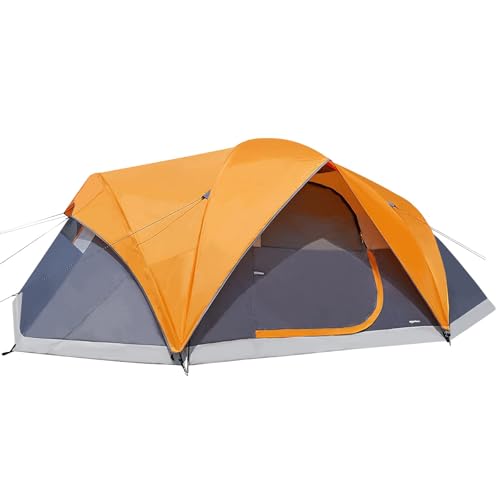 Amazon Basics Kuppelzelt für Camping mit Regenschutz und Tragetasche, wasserdichtes 3-Jahreszeiten-Zelt, einfach aufzubauen, 8 Personen, Orange/Grau