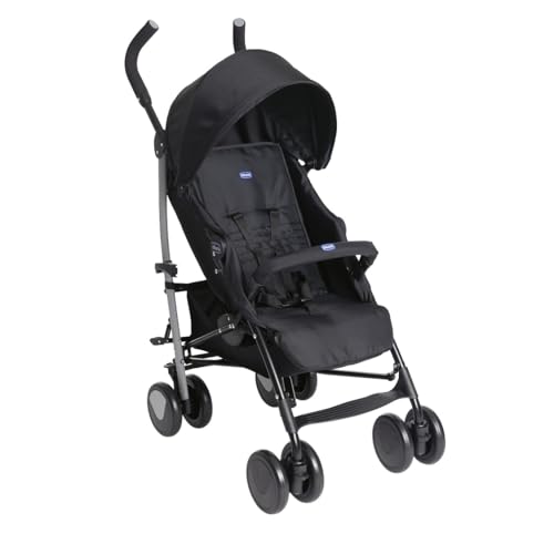 Chicco Echo Lite Kinderwagen, Buggy ab Geburt bis 22 kg, verstellbare Rückenlehne, geräumiger Sitz, Stoßstangenmanschette, Schirmbuggy, Zwillingsbremsen und schwenkbare Vorderräder, Schwarz