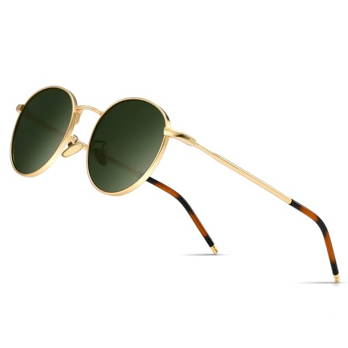 SUNGAIT Runde Vintage Polarisierte Sonnenbrille Klassische Retro Metallrahmen Sonnenbrille Rundschreiben für Frauen Männer(Goldrahmen/Polarisierte Grüne Linse)-SGT059JKMOLVUK