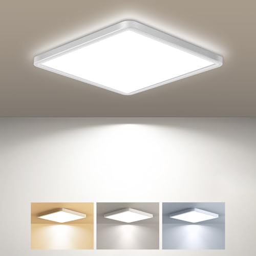 zemty Deckenlampe LED Deckenleuchte Flach, 3Farben - 3000K/4000K/6500K, IP44 Wasserfest Quadrat Badlampe Decke, 1800LM Modern LED Decklit für Flur küche Badezimmer Schlafzimmer Büro, Ø18CM