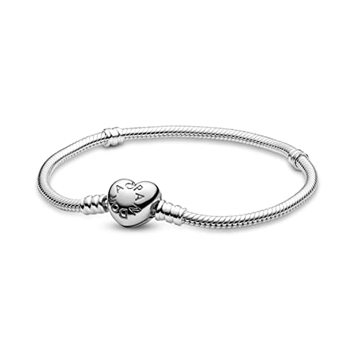 PANDORA Moments Schlangen-Gliederarmband mit Herz-Verschluss aus Sterling-Silber, kompatibel mit Charms und Anhängern aus der Moments Kollektion, Größe: 19cm