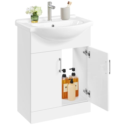 Yaheetech Waschbeckenunterschrank Badezimmerschrank Unterschrank mit Waschbecken Badmöbel 2er Set Badschrank Standschrank mit 2 Türen Waschtischunterbau Keramikbecken Hochglanz, 61 x 43,5 x 84 cm