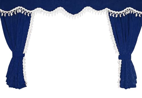 LKW Vorhänge - 5 STK. Gardinen Set in Blau mit weißen Quasten