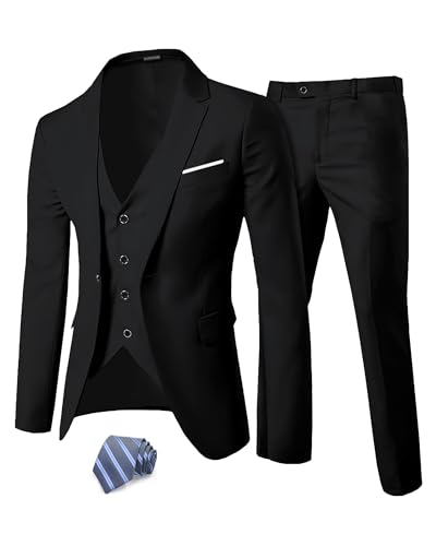 EastSide Herren Slim Fit 3-teiliger Anzug, Ein-Knopf-Blazer-Set, Jacke, Weste & Hose, Schwarz, L