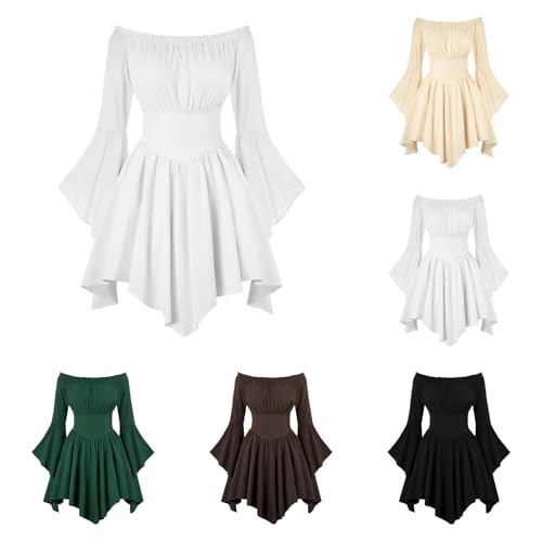 Piratenkostüm Damen Faschingskostüme Off Shoulder Kleid Piraten Kostüm Frauen Weißes Piratenkleid Elegant Minikleid Renaissance Korsettkleid Boho Piratin Kostüm Damen für Karneval Halloween