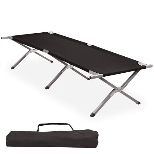 CampFeuer Feldbett | Schwarz | Belastbar bis 200kg | 210 x 82,5 x 45 cm | Campingliege, Sonnenliege, stabile Feldliege, Gartenliege mit Tragetasche, Angelliege, Strandliege, Klappliege, Outdoorliege