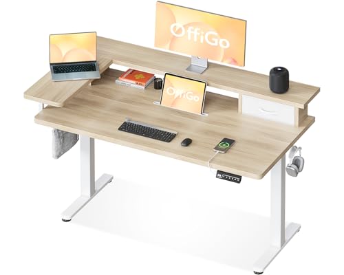 OffiGo Schreibtisch Höhenverstellbar Elektrisch mit Schublade und USB, 120 x 60 cm Komplettplatte, Ergonomischer Steh-Sitz Tisch Computertisch, Maple