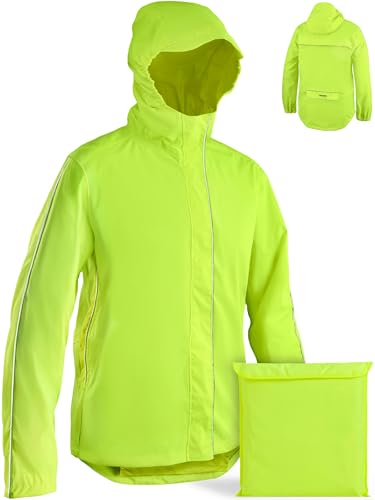 Prowiste Fahrradjacke Herren & Damen L – Wasserdicht & Atmungsaktiv – Reflektierende Regenjacke mit Kapuze & Rückentasche – Kompakt mit Tasche verstaubar – Laufjacke – Windjacke