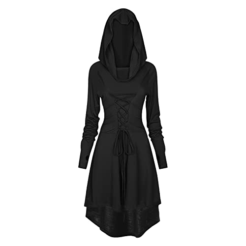 TSIRNK Gothic Kleid Damen,Mittelalter Kleidung Damen,Halloween Kostüm,Renaissance Mit Kapuze Kleid für Halloween Karneval (Schwarz, M)