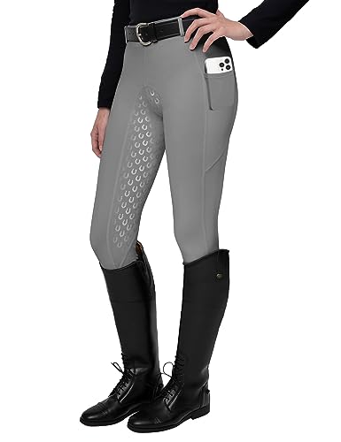 FitsT4 Sports Damen Reitleggings Silikon Vollbesatz Reithose mit Handytasche und Gürtelschlaufen,Grau,Gr.M