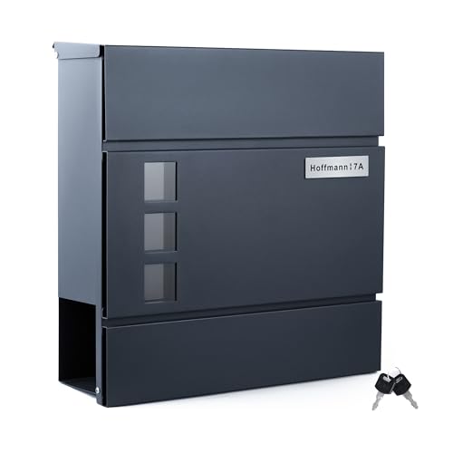 Zedelmaier Personalisiert Briefkasten mit Edelstahl Namensschild Wandbriefkasten Postkasten Briefkästen mit Zeitungsfach 2 Schlüsseln und Schloss Mailbox Anthrazit personalisierbar 33 X 31 X 10 cm