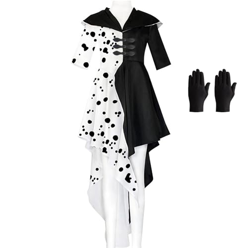 KUJAIS Cruella Devil Kostüm Damen: Schwarzer und Weißer Dalmatiner Fleck Kleid für Karneval Halloween Party Verkleidung (XL)