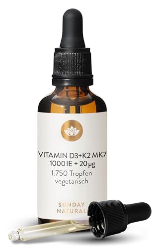 SUNDAY NATURAL® Vitamin D3 K2 Tropfen Hochdosiert – Premium Vitamin D 3 1.000 IE + K2-MK7 ≥99,8% all-trans 20µg – Kölner Liste® - 50 ml - Optimale Bioverfügbarkeit, ohne unnötige Zusätze, laborgeprüft