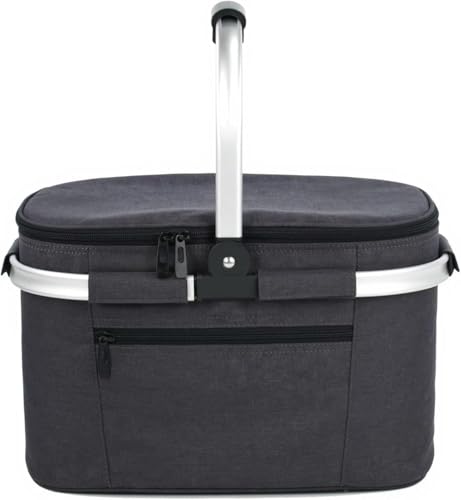 Faltbarer Einkaufskorb, Großer Picknickkorb mit gepolsterten Griffe, praktischer Faltkorb, Einkaufstasche mit Aluminiumrahmen, robuster Korb, Schwarz