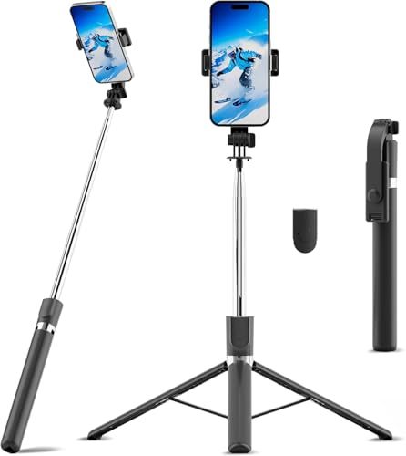 170CM Handy Stativ für Smartphone, Selfie Stick Bluetooth mit Fernauslöser, Erweiterbar 3 in 1 Selfie Stick Stativ aus Aluminium, 360° Drehbar Handyhalter für iOS Android Fotografie, Silber Schwarz