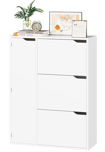 IRONCK Schuhschrank mit 3 Klappen, Schuhkipper Schmal mit Tür, Schuhregal Flur freistehend, Schuhkommode mit verstellbaren Trennwände, Schuhablage Schrank für Eingang Wohnzimmer, 77x30x112cm, Weiß
