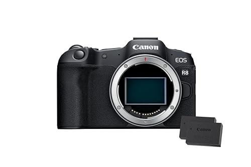 Canon EOS R8 Systemkamera Spiegellose Vollformat Kamera Digitalkamera mit Autofokus und Motiverkennung für Augen Tiere Fahrzeuge, 4k Videokamera, 40 Bilder pro Sekunde, WiFi, Touchscreen 2X Batterien