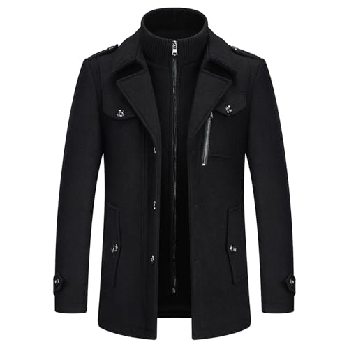 KUDORO Herren Wintermantel Wolle Kurzmantel Herren Wollmantel Mittellang Slim Fit für Business Freizeit Peacoat Herren Casual(Schwarz1,M)