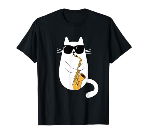 Lustige Katze mit Sonnenbrille Saxophonist Saxophon Musiker T-Shirt