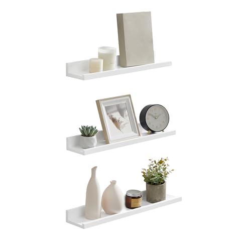 SONGMICS Wandregal, Schweberegal, 3er Set, 10 x 38 cm, Wandboard für Bilderrahmen und Bücher, Bilderregal für Wohnzimmer, Schlafzimmer, Bad, Küche, mattweiß LWS38WT