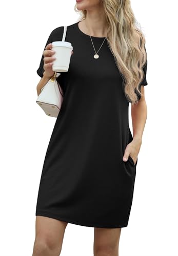 GRECERELLE Kleider Damen Sommer Kurzarm Strandkleid A-Linie Elegant Rundhals Sommerkleider mit Taschen Einfarbig Summer Dress Tshirt Kleid Leicht und Luftig Freizeitkleider (Schwarz, XL)