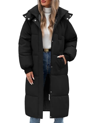 Vancavoo Wintermäntel Damen Lang Daunenmantel Winter Winterjacke Warm Steppmantel Jacke Mantel Daunenjacke Steppjacke mit Kapuze,Schwarz,L