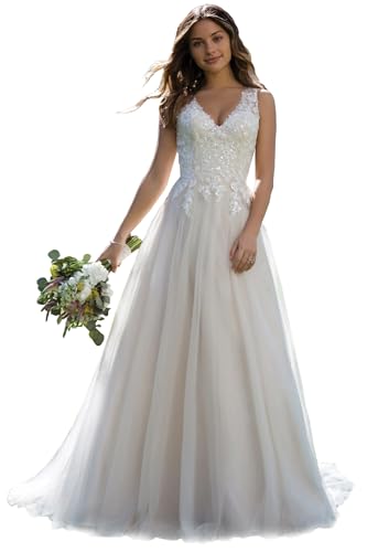 JAEDEN V-Ausschnitt Brautkleider Damen Braut Standesamtkleider Lang Tüll Hochzeitskleider A-Linie Elfenbein 44