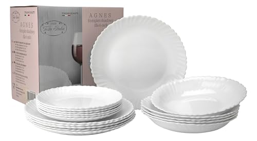 FESTA ITALIA Geschirrset 6 Personen - 18 Teilig - Tellerset aus Opalglas - Weiß Essgeschirr Set - Schüssel- und Tellerset - Modern Tafelservice - Teller - Essservice - Geschirr Set 6 Person