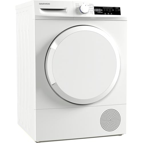 Daewoo T8HT1WA3DE Wärmepumpentrockner, C, 8 kg, Programmknebel und SoftTouch-Bedienung mit LED-Display, 15 Programme, Trommelinnenbeleuchtung, Weiß