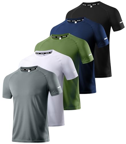 5er Pack Sport Tshirts Herren, Laufshirt Kurzarm T-Shirts Schnelltrocknend Atmungsaktiv Funktionsshirt Mesh Sport Shirt Männer Sportshirt Herren Kurzarm Fitnessshirt Trainingsshirt für Männer 5P04-L
