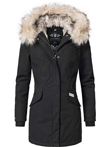 Navahoo Damen Winter Kurzmantel mit Kapuze Cristal Schwarz Gr. XS