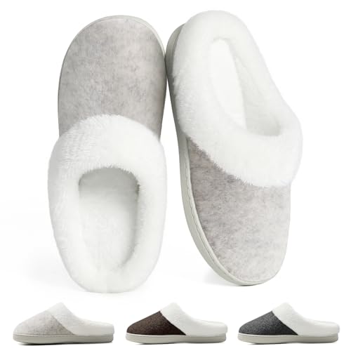 SROTRAS Hausschuhe Damen Herren Winter Wärme Plüsch Pantoffeln Memory Foam Rutschfeste Komfort Leichte Flache Slippers für Drinnen/Draußen，Beige，38-39 EU