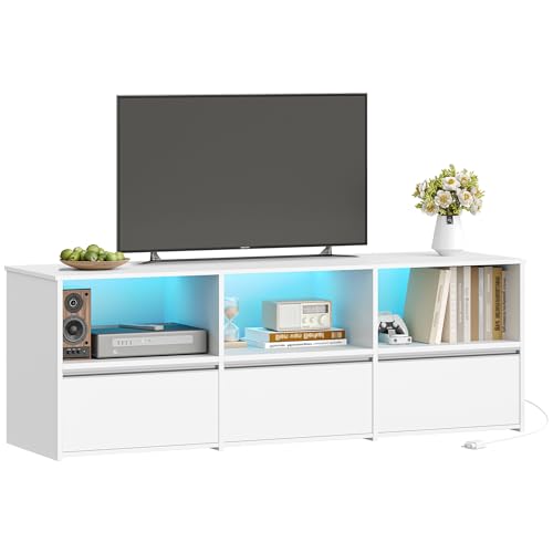 Hzuaneri TV-Schrank, Lowboard für Fernseher bis zu 65 Zoll mit RGB LED Beleuchtung (25 Farben), 143,5 lang, TV Board mit 3 Schubladen, 3 offenen Fächern für Wohnzimmer, Schlafzimmer, Weiß TV16503WEU