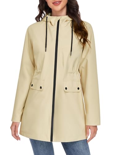 Yuson Girl Übergangsmantel Damen Lange Leichte Mantel Parka Windjacke Elegant Frühlingsjacke Outdoor Windbreaker Damen-jacken Übergang mit Kapuze, Kordelzug für Frühling Sommer Herbst(Beige, M)