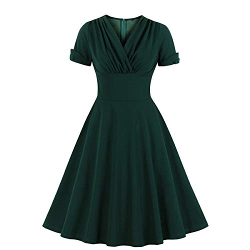 Wellwits Damen Kleid mit Rüschen, Wickelkleid, Cocktailkleid, Vintage-Kleid, dunkelgrün, 44