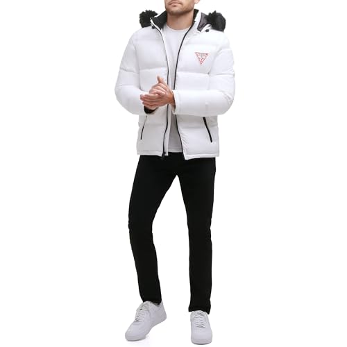 GUESS Mittelschwere Pufferjacke für Herren mit abnehmbarer Kapuze, Weiss/opulenter Garten, L