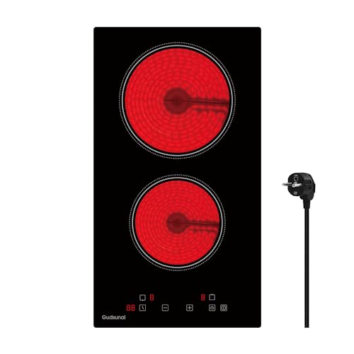 Gudsunal Domino Kochfeld, 2-Platten Glaskeramikkochfeld mit Stecker, 3000W, 9 Heizstufen, 1-99 Minuten Timer, Touch-Steuerung, Automatische Abschaltung, Kindersicherung,Schwarz