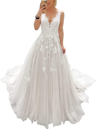 JAEDEN V-Ausschnitt Brautkleider Tüll Spitze Hochzeitskleider für Damen A-Linie Standesamt Kleid mit Schleppe Weiß 46