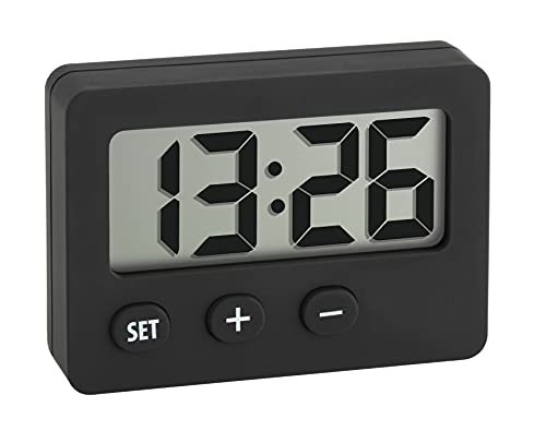 TFA Dostmann Mini Digitaluhr, 60.2013.01, Tischuhr, Quarzuhr, perfekt für KFZ (Wohnmobil oder Auto), für Klausuren/Abschlussprüfungen, handlich, mit Magnet, Selbstklebender Halter, Ständer, schwarz