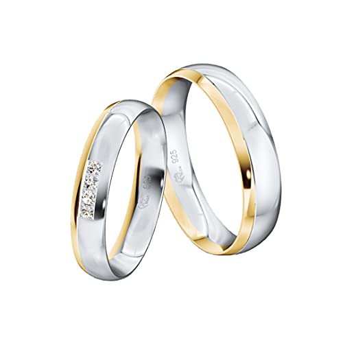 JC Trauringe Silber 925 Paarpreis Eheringe Gelbgold Plattiert I Partnerringe mit Gravur in edler Schatulle 2 Hochzeitsringe Herrenring & Damenring mit Steinen I S912